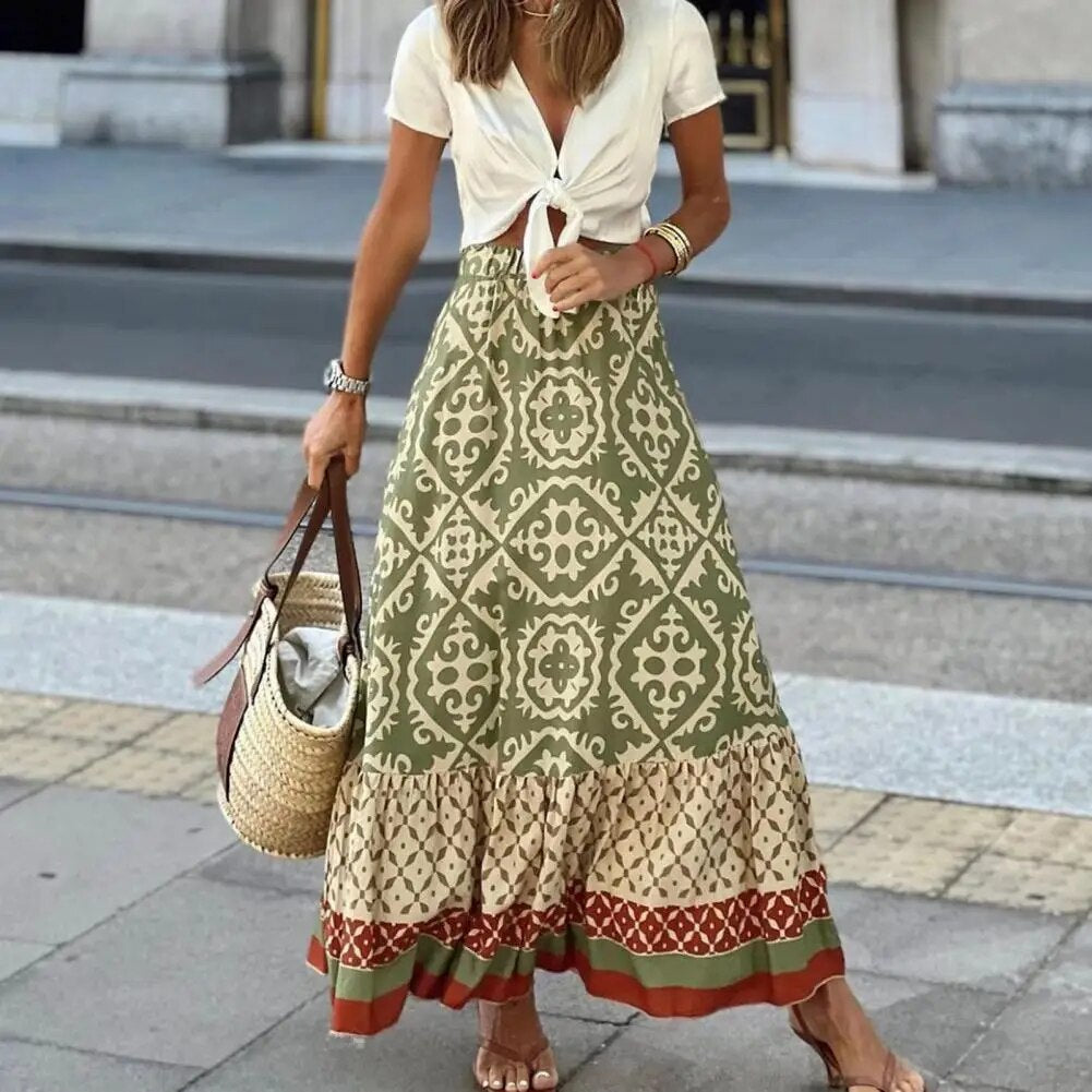 Boho Floral Print High-Waist Ruffle Maxi Skirt — side view