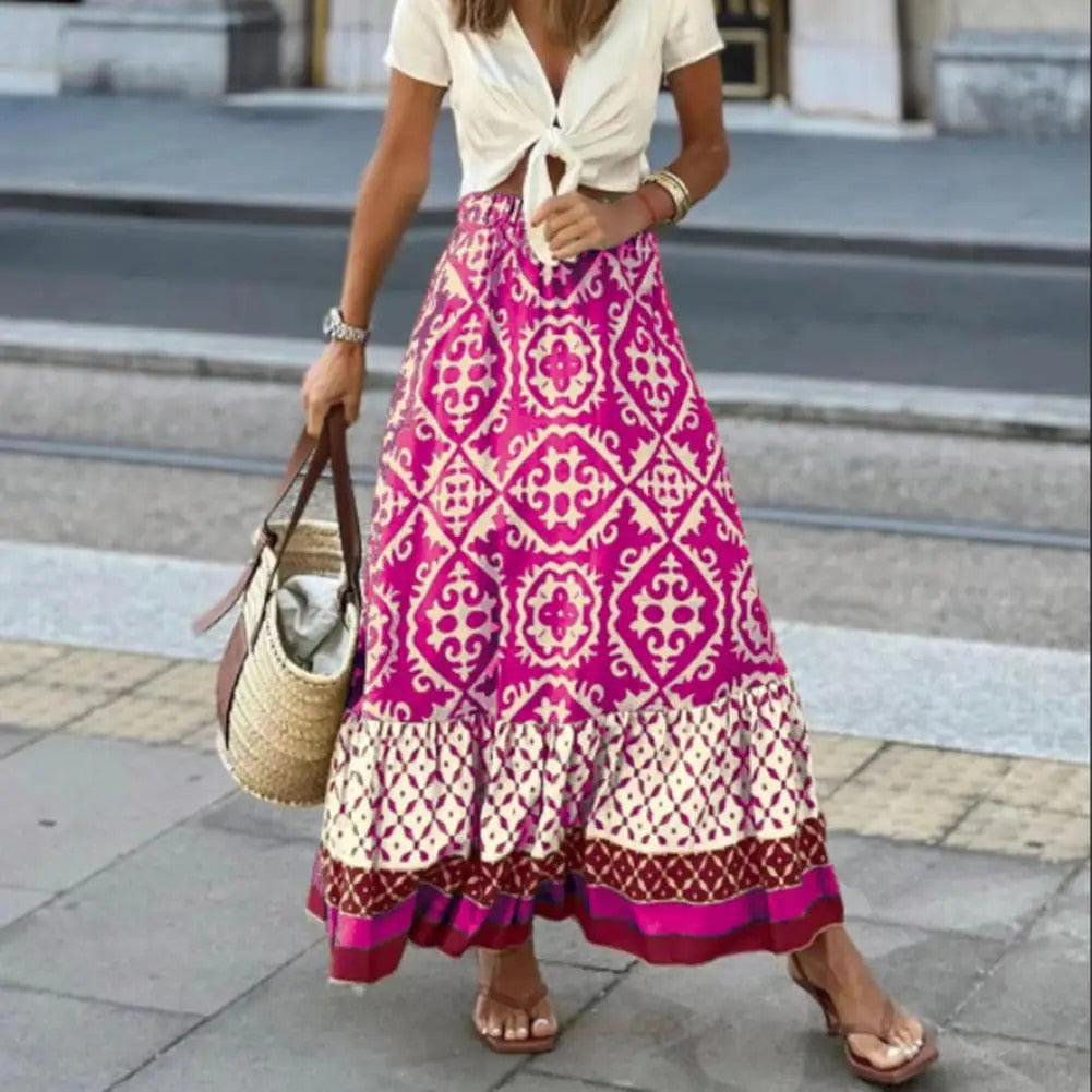 Boho Floral Print High-Waist Ruffle Maxi Skirt