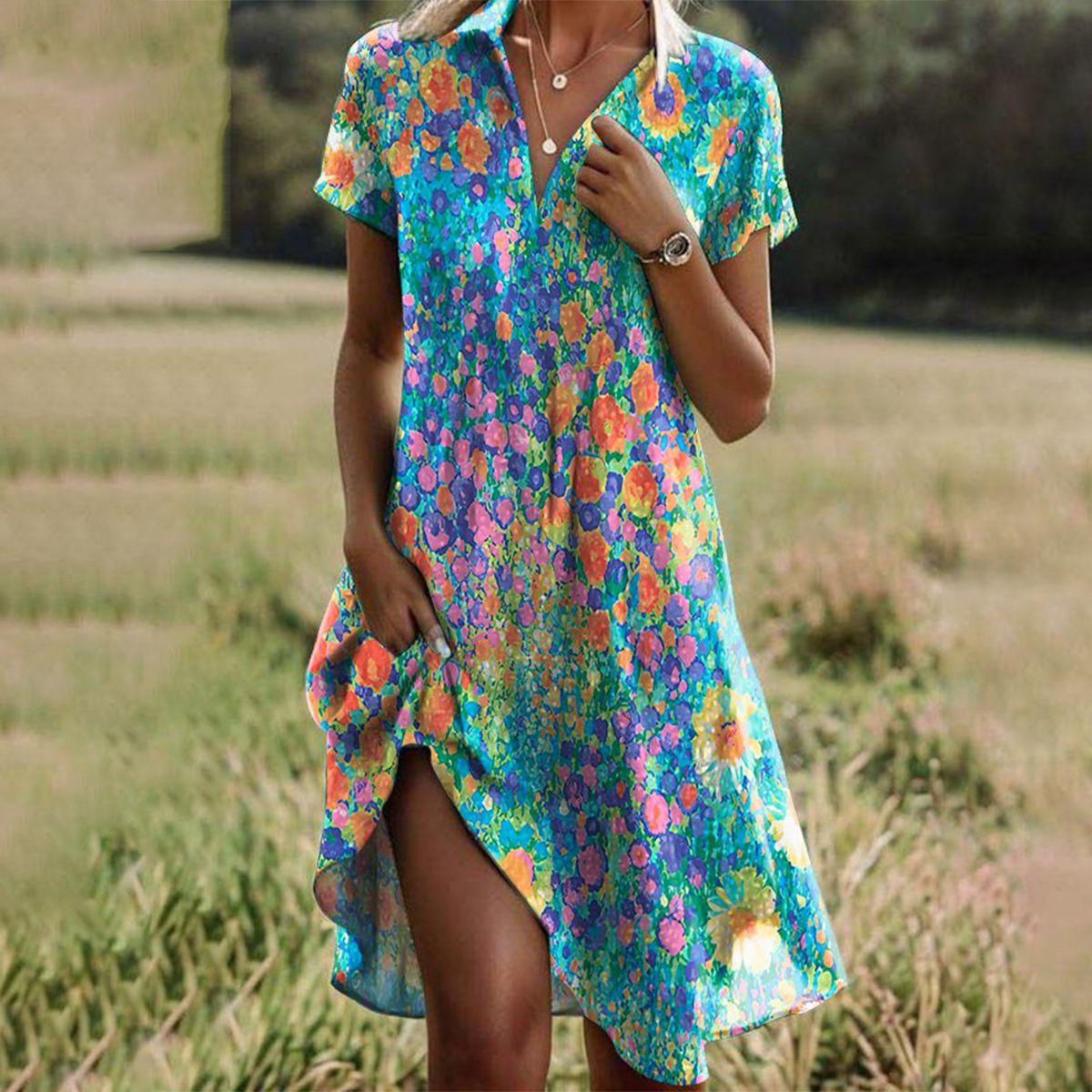 Boho Floral Print Knee-Length Summer Dress with Short Sleeves and Collar