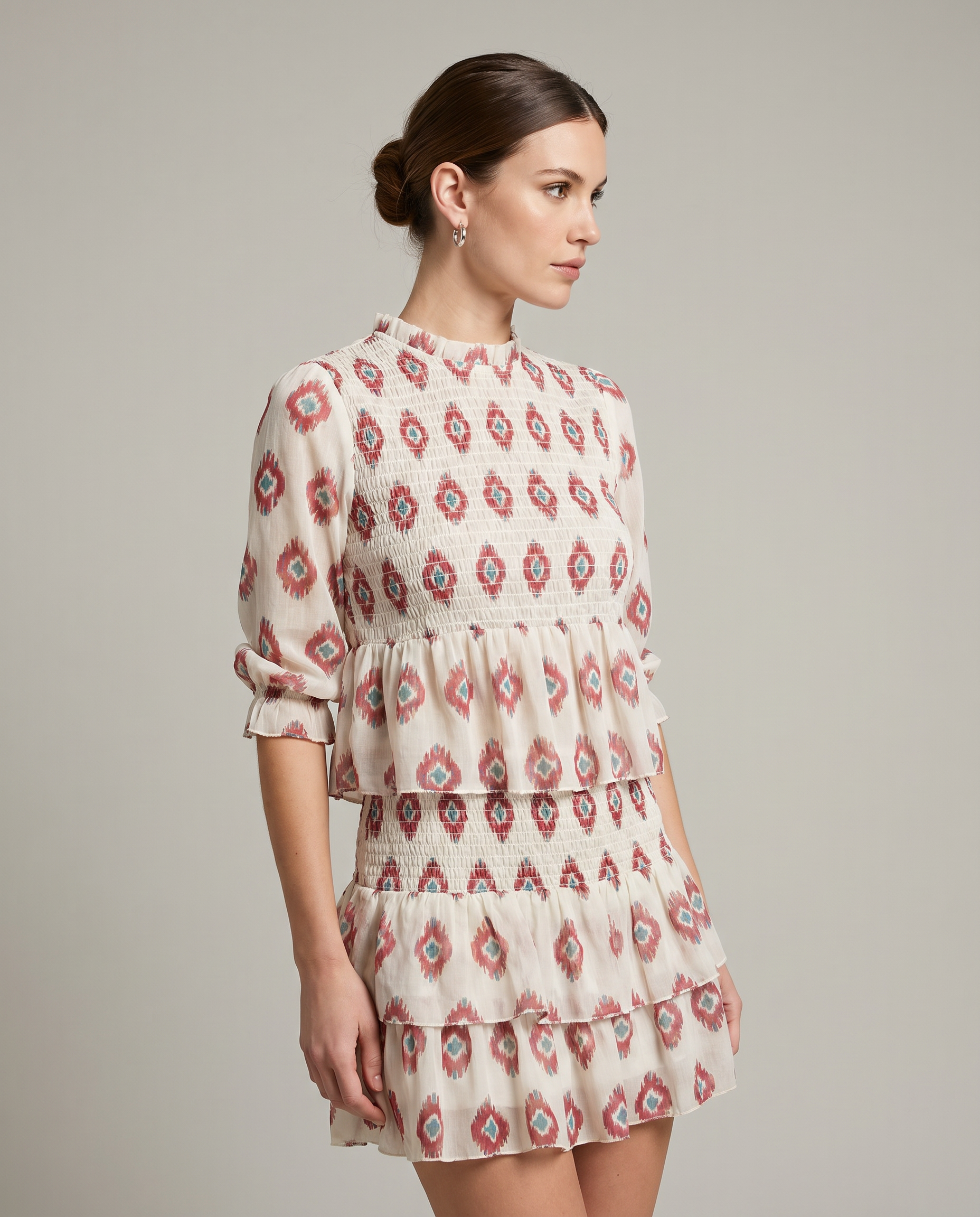 Boho Ikat Print Smocked Tiered Ruffle Short Dress with Half Sleeves — back view