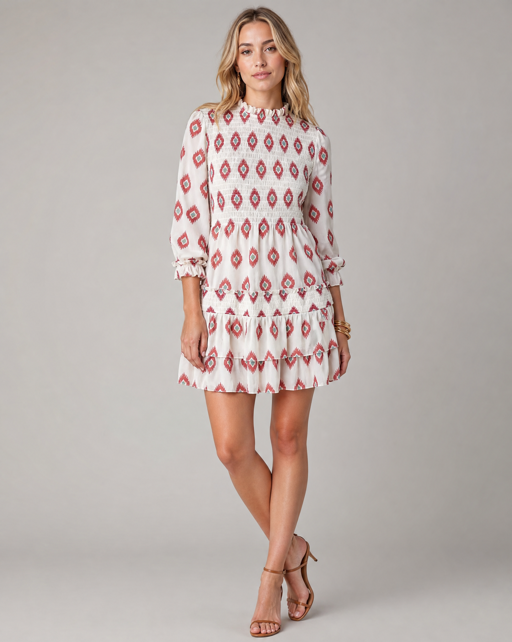 Boho Ikat Print Smocked Tiered Ruffle Short Dress with Half Sleeves — side view