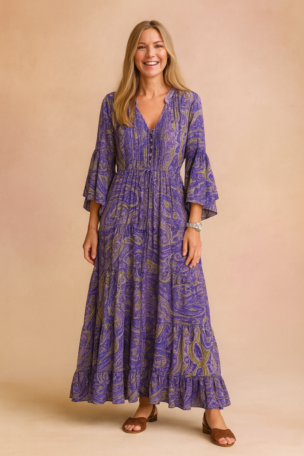 Boho Long Sleeve V-Neck Flowy Maxi Dress with Tassel Tie — back view