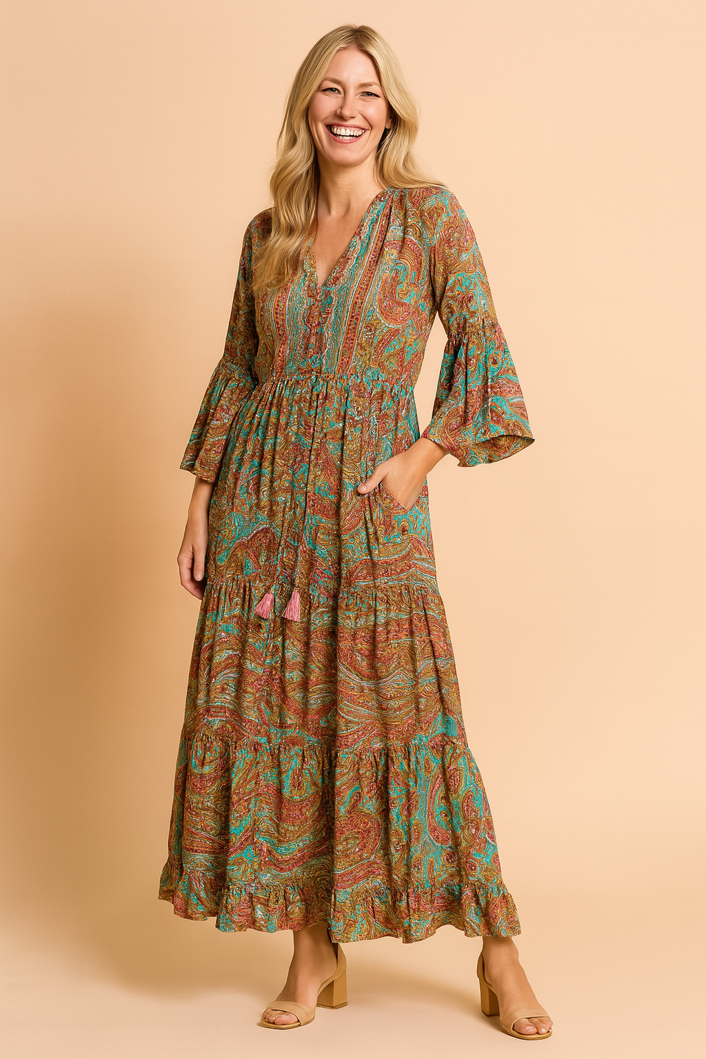 Boho Long Sleeve V-Neck Flowy Maxi Dress with Tassel Tie — close-up