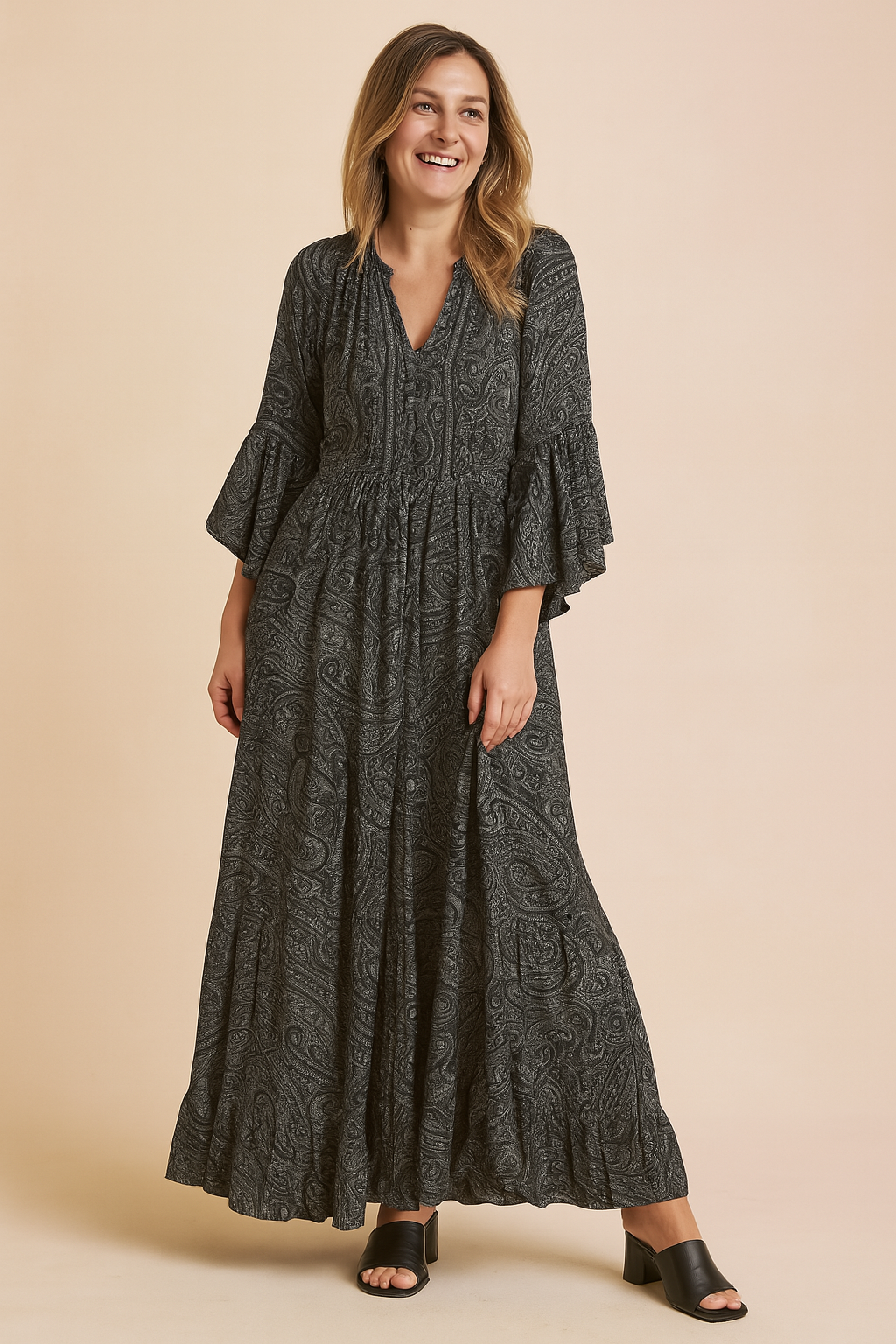 Boho Long Sleeve V-Neck Flowy Maxi Dress with Tassel Tie — detail view