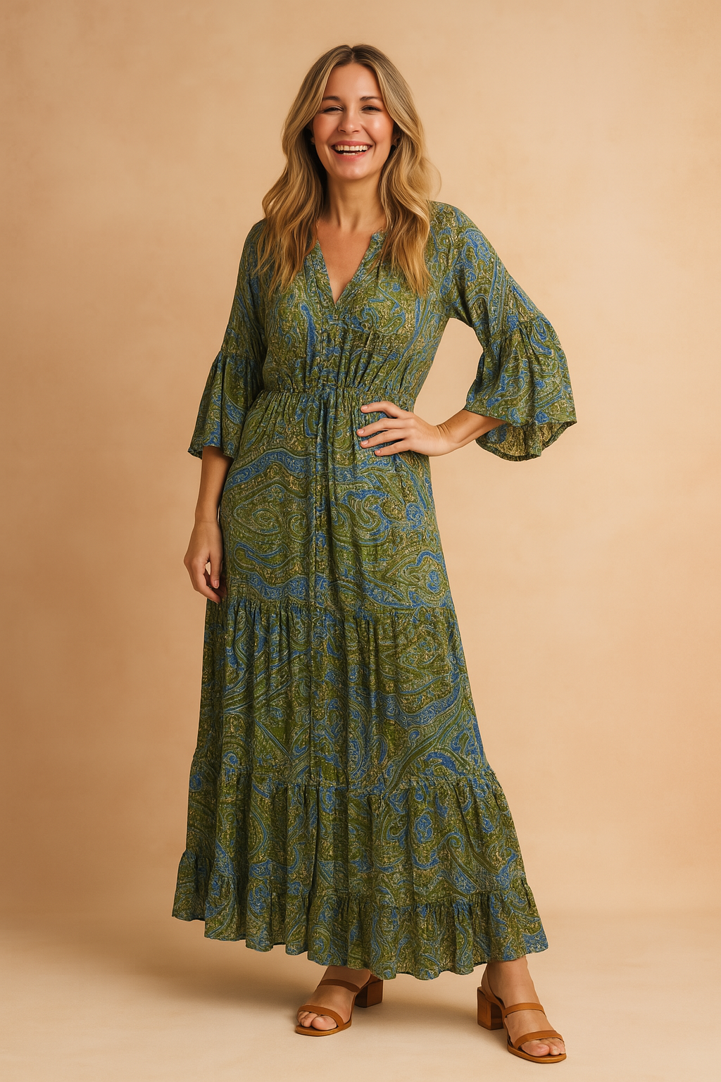 Boho Long Sleeve V-Neck Flowy Maxi Dress with Tassel Tie — model wearing