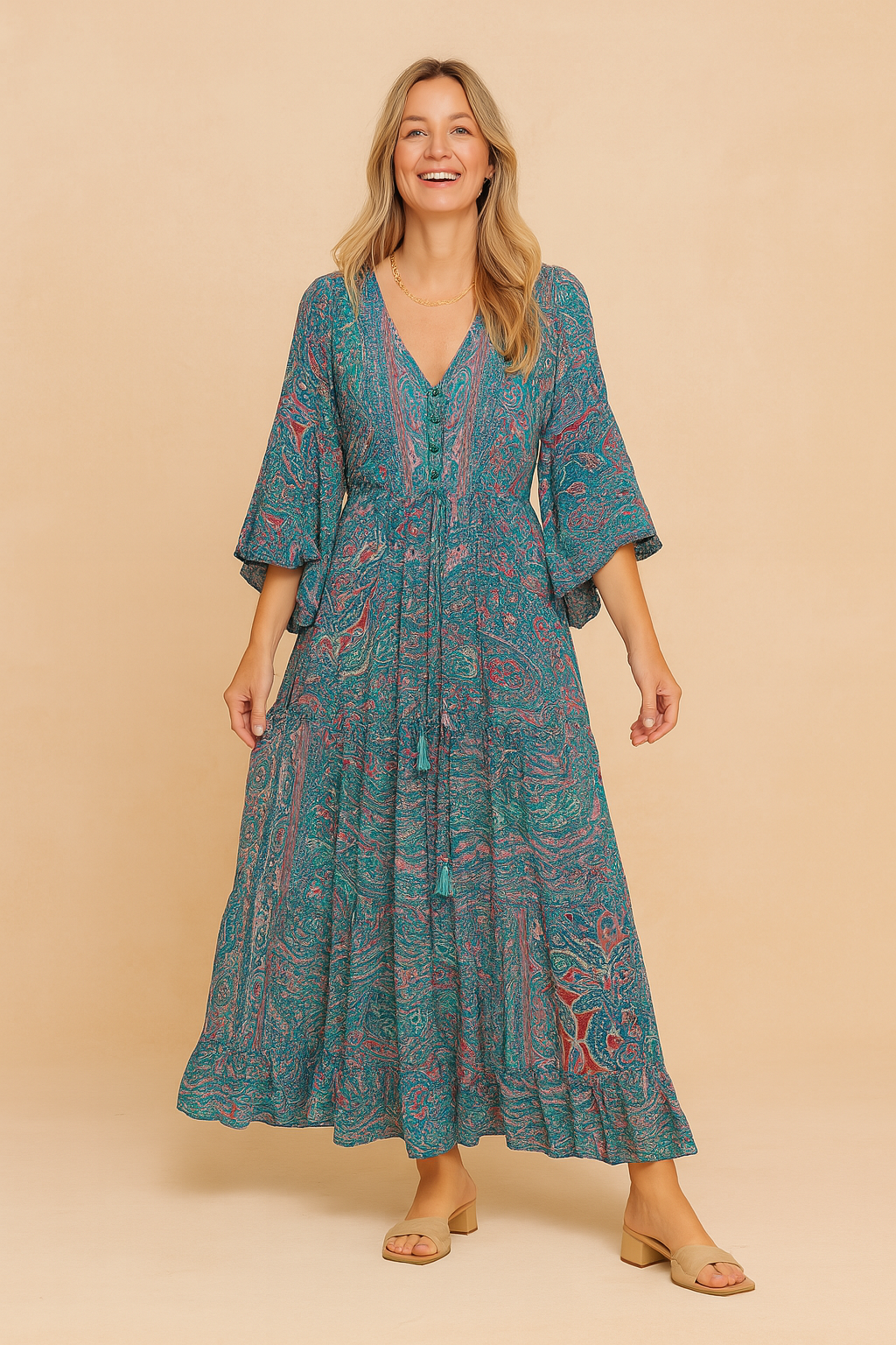 Boho Long Sleeve V-Neck Flowy Maxi Dress with Tassel Tie — side view