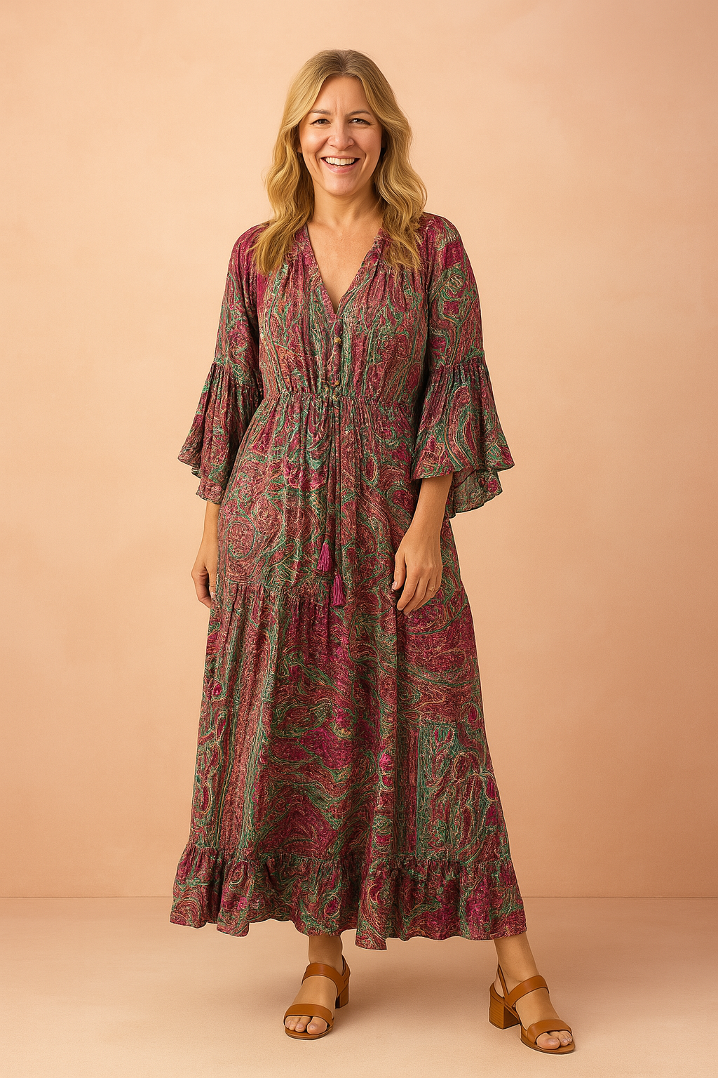 Boho Long Sleeve V-Neck Flowy Maxi Dress with Tassel Tie