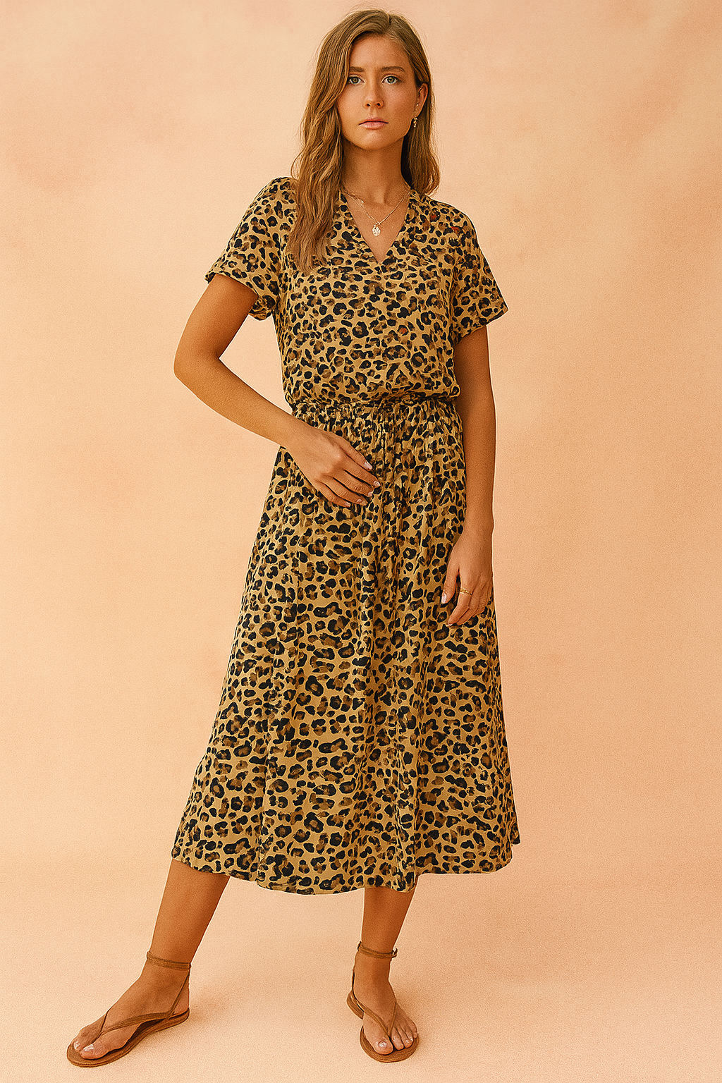 Boho Style V-Neck Short Sleeve Tiered Midi Summer Dress — alternative angle