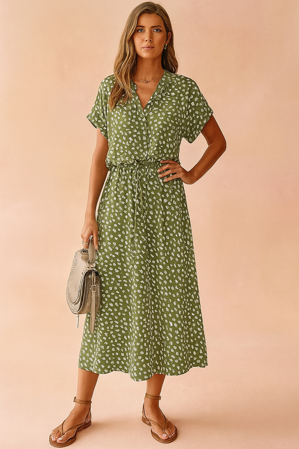 Boho Style V-Neck Short Sleeve Tiered Midi Summer Dress — back view