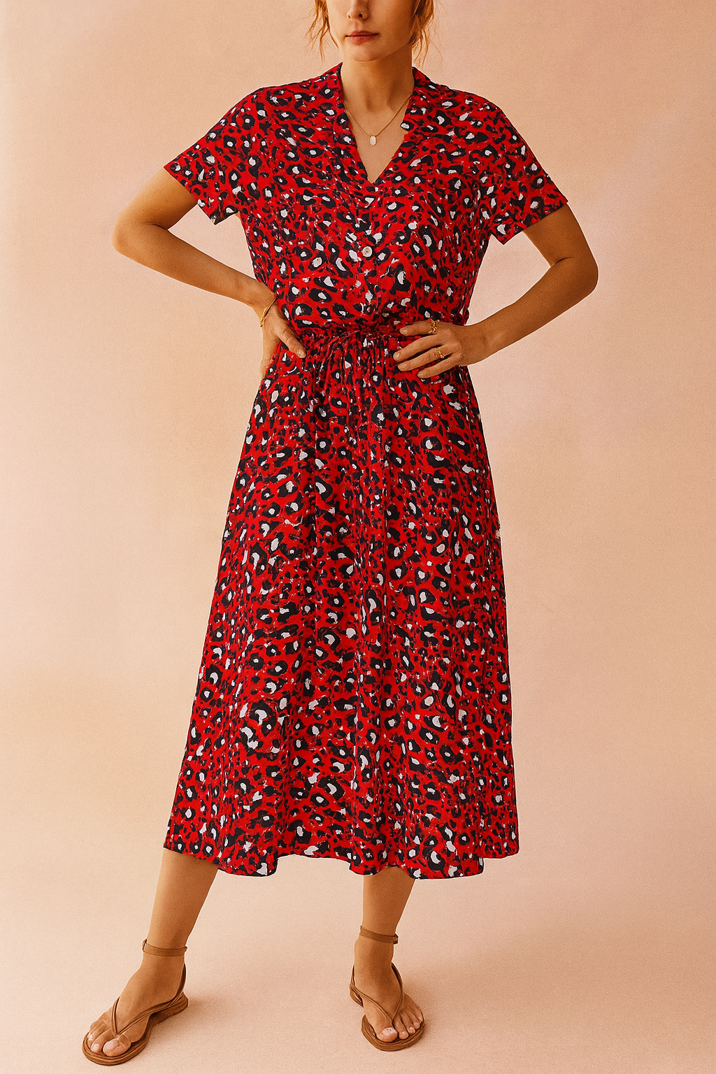 Boho Style V-Neck Short Sleeve Tiered Midi Summer Dress — close-up