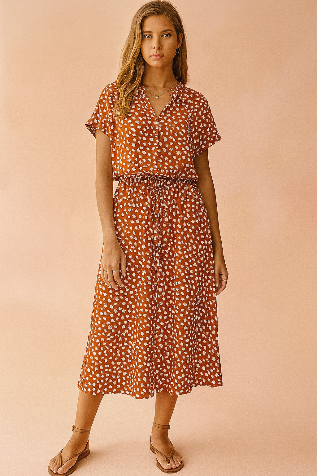 Boho Style V-Neck Short Sleeve Tiered Midi Summer Dress — detail view