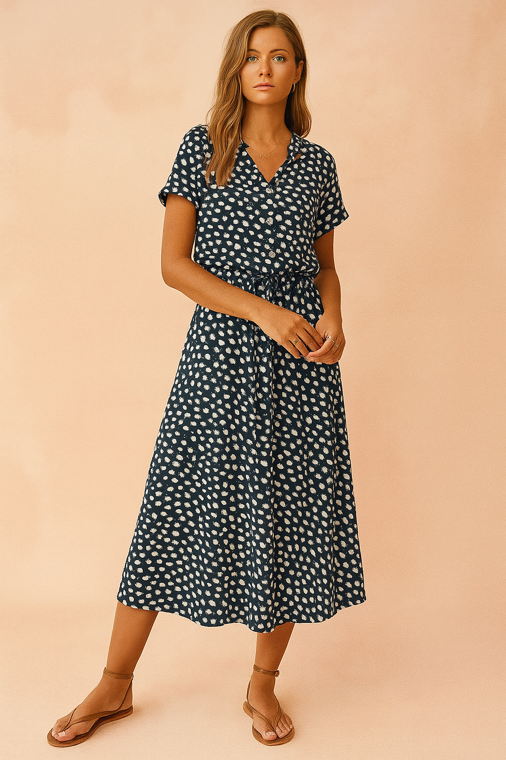 Boho Style V-Neck Short Sleeve Tiered Midi Summer Dress — model wearing