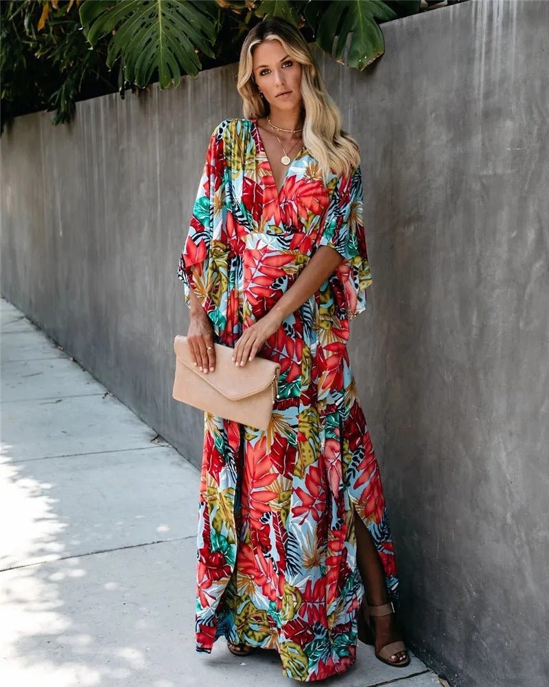 Boho Tropical Print Wrap Long Dress with Kimono Sleeves and V-Neckline — detail view