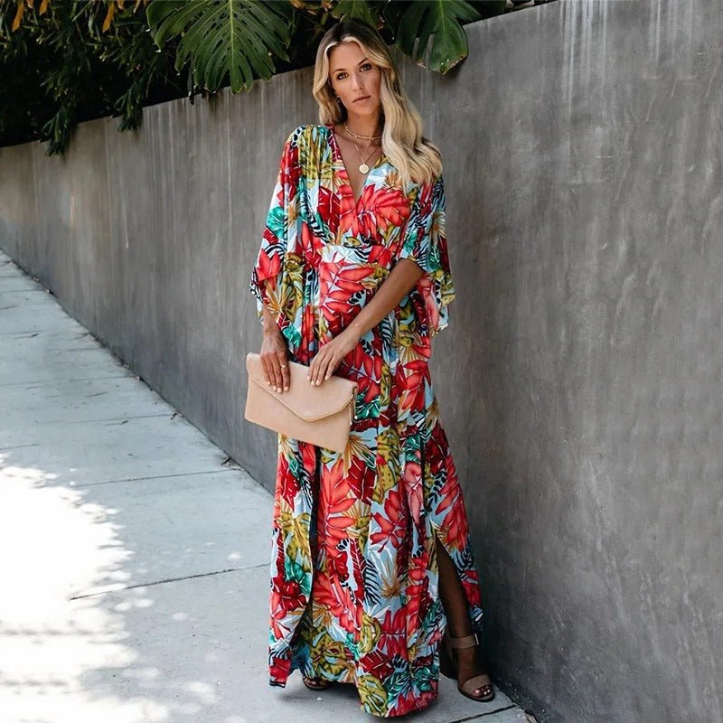 Boho Tropical Print Wrap Long Dress with Kimono Sleeves and V-Neckline — model wearing