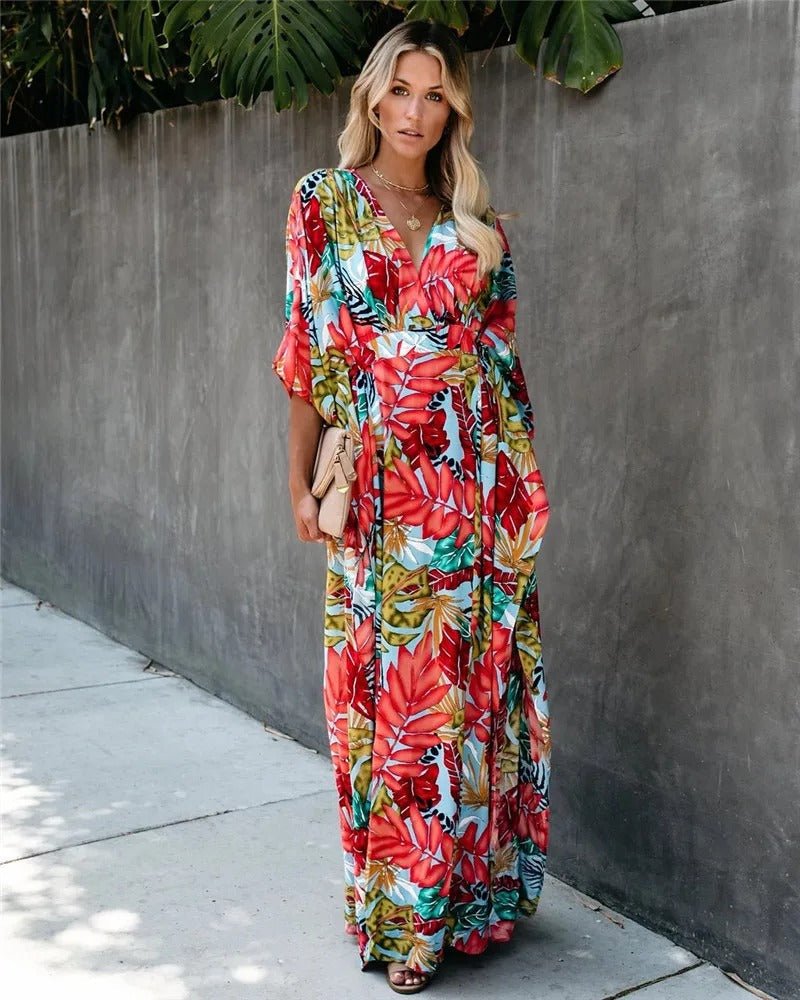 Boho Tropical Print Wrap Long Dress with Kimono Sleeves and V-Neckline