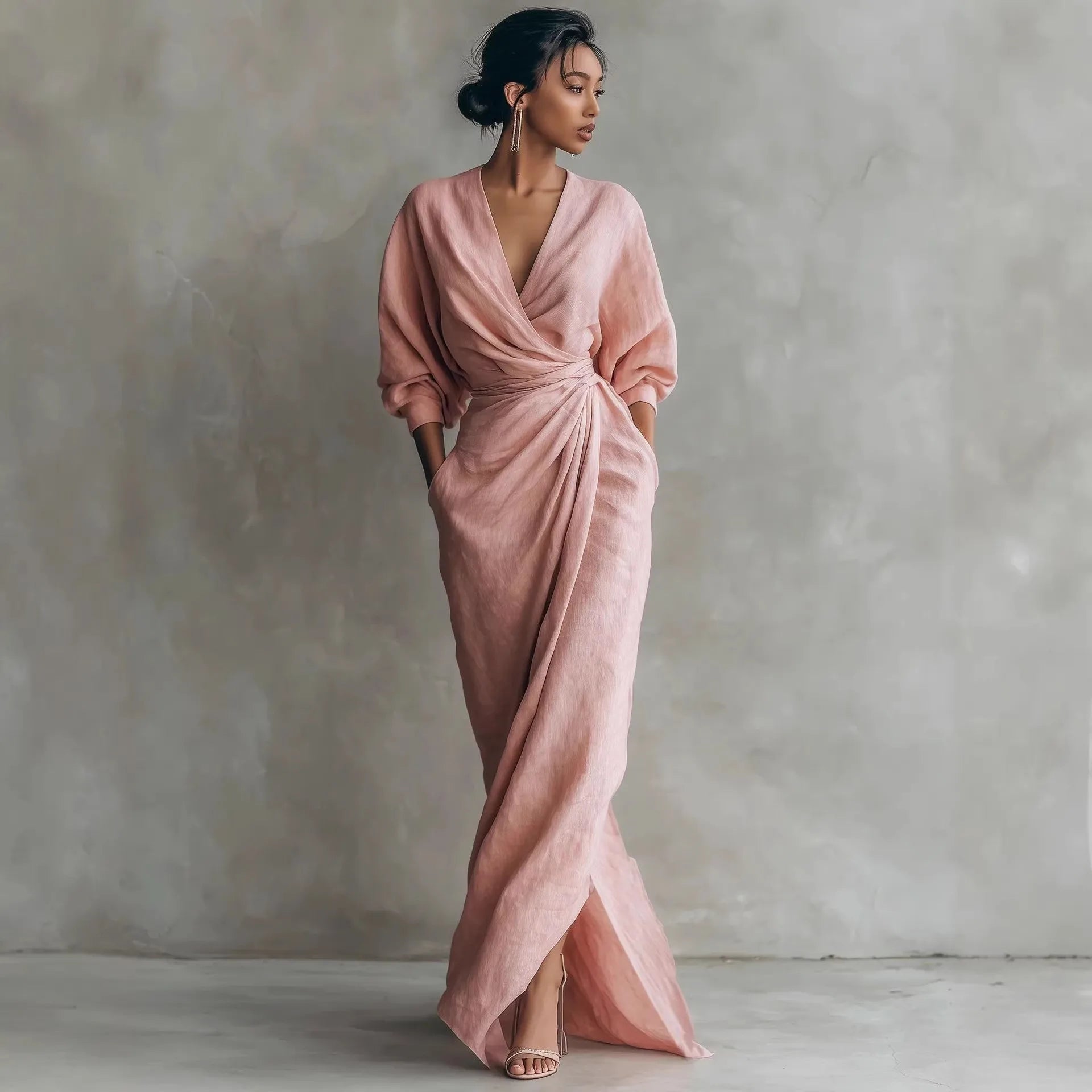 Boho V Neck Maxi Dress – Elegant Draped Design for Summer Parties — back view
