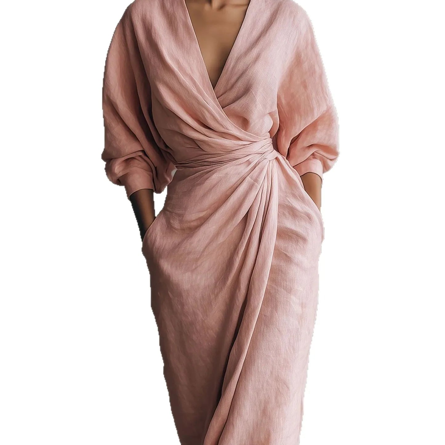 Boho V Neck Maxi Dress – Elegant Draped Design for Summer Parties — model wearing