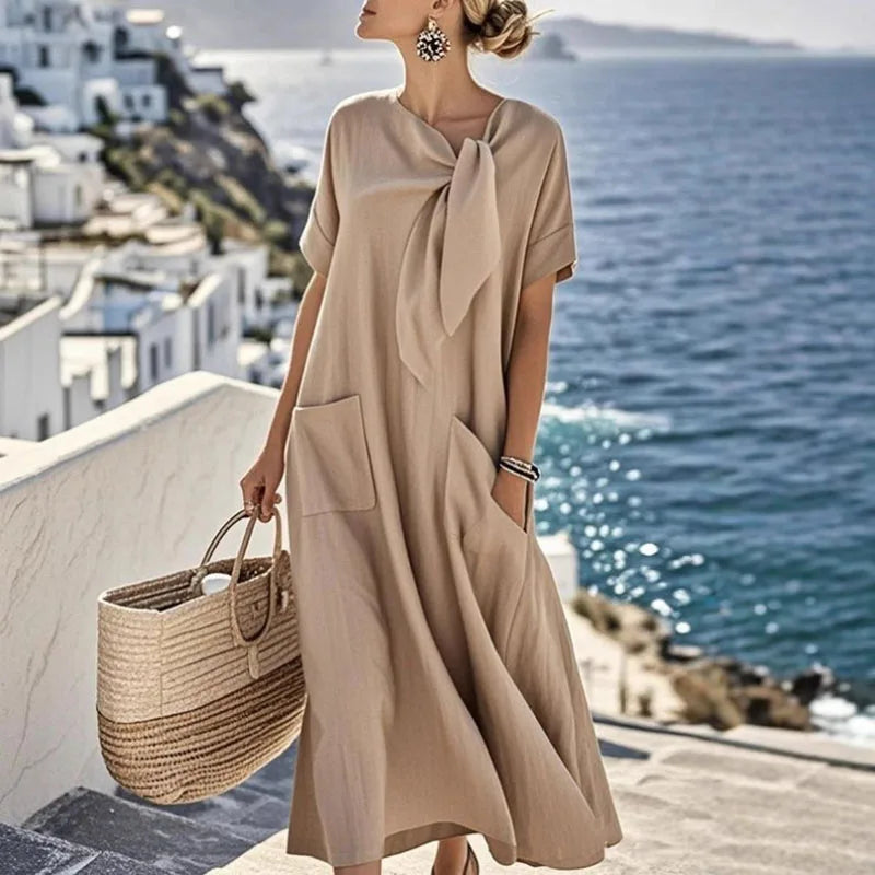 Boho Vintage Dress – Relaxed Fit with Lace-Up Detail for Summer Outings — alternative angle