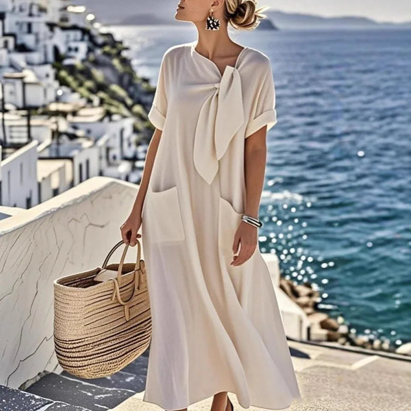 Boho Vintage Dress – Relaxed Fit with Lace-Up Detail for Summer Outings — close-up