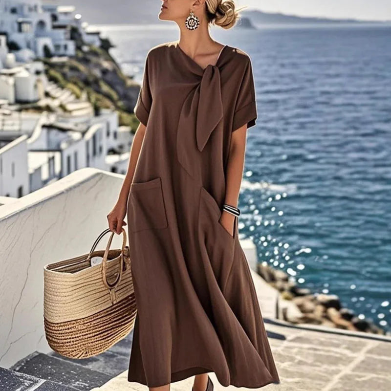 Boho Vintage Dress – Relaxed Fit with Lace-Up Detail for Summer Outings — detail view