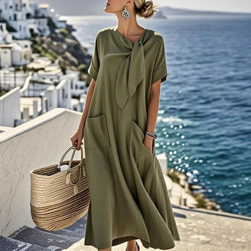 Boho Vintage Dress – Relaxed Fit with Lace-Up Detail for Summer Outings — fabric detail
