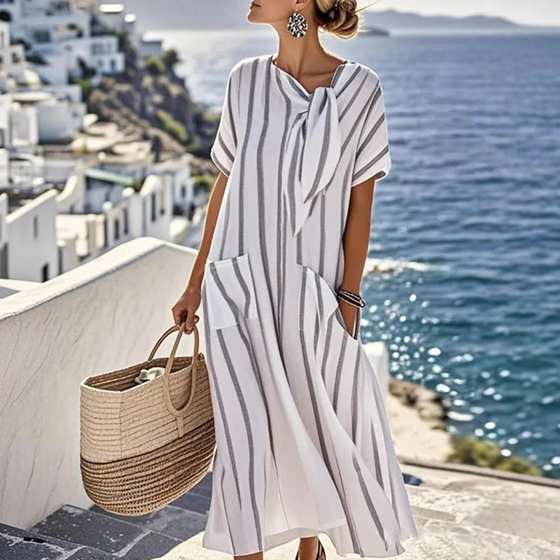 Boho Vintage Dress – Relaxed Fit with Lace-Up Detail for Summer Outings — model wearing