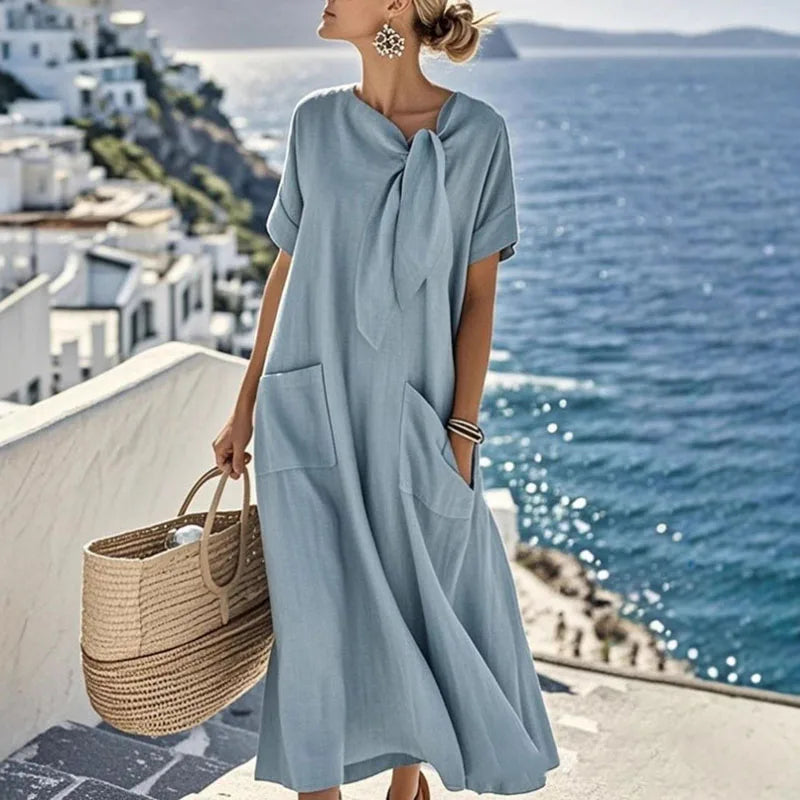 Boho Vintage Dress – Relaxed Fit with Lace-Up Detail for Summer Outings — styling detail