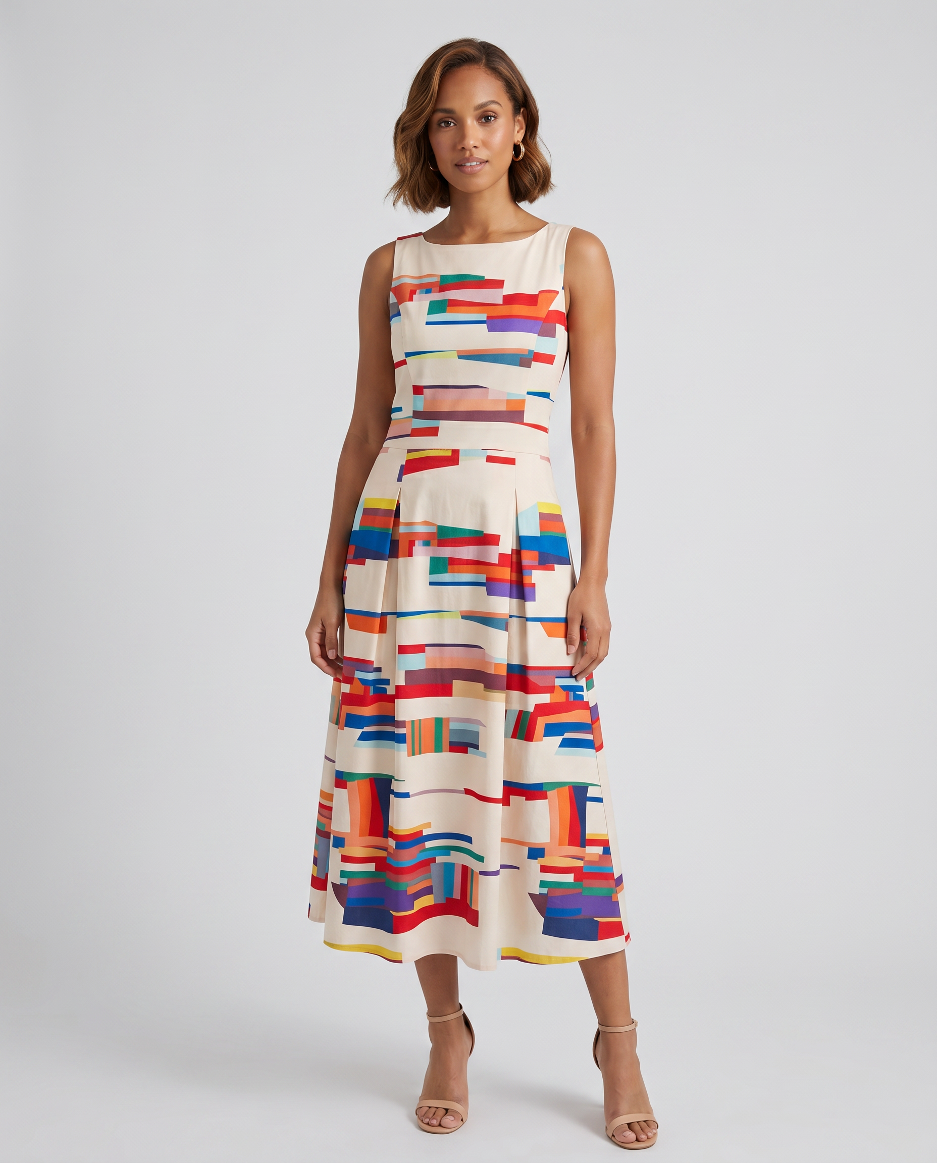 Bold Geometric Print V-Neck Midi Dress for Statement Style — back view