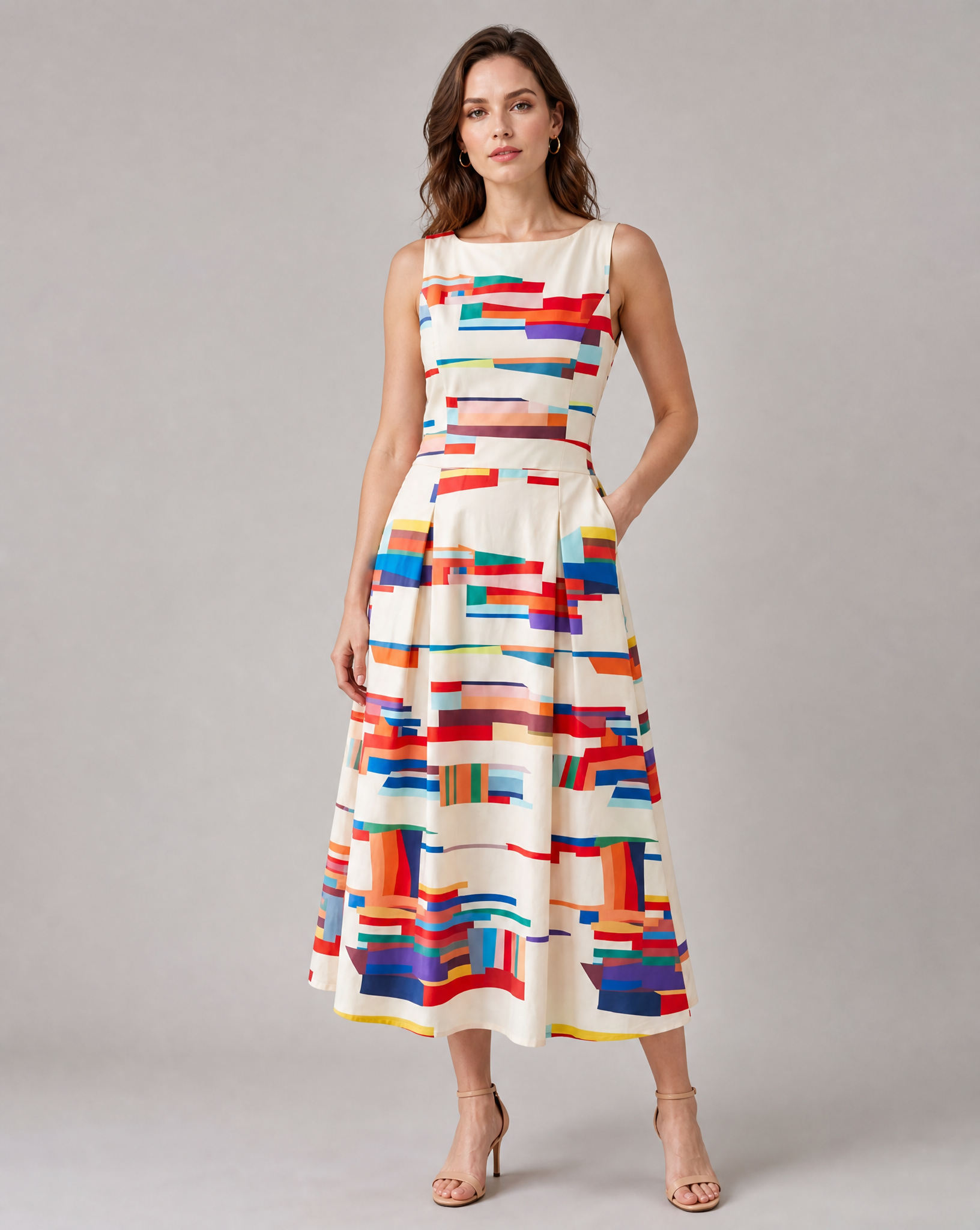 Bold Geometric Print V-Neck Midi Dress for Statement Style — detail view