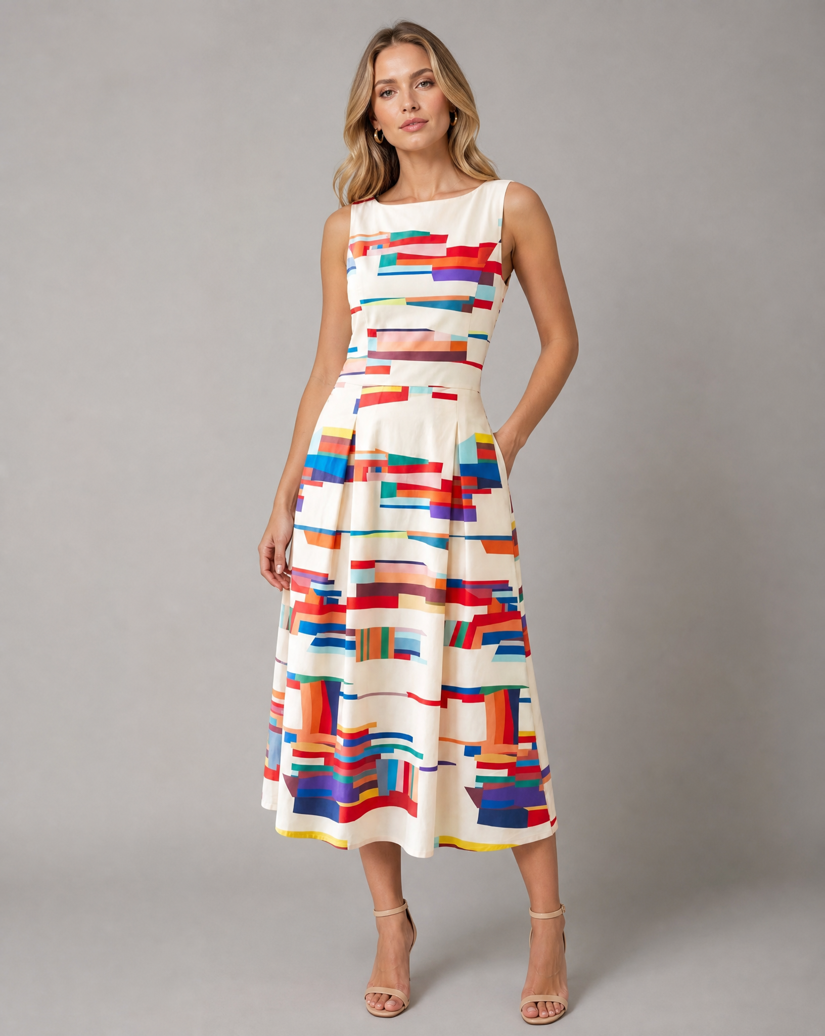 Bold Geometric Print V-Neck Midi Dress for Statement Style