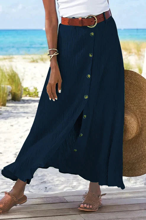 Button-Front High-Waist Linen Maxi Skirt — detail view