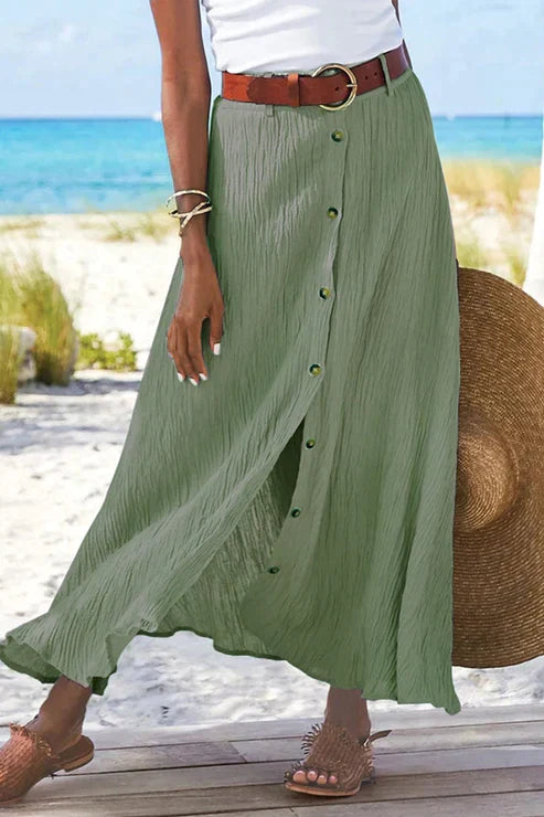 Button-Front High-Waist Linen Maxi Skirt — model wearing