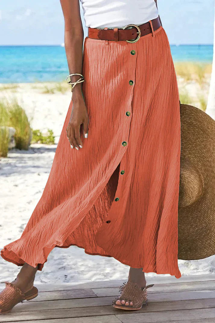 Button-Front High-Waist Linen Maxi Skirt