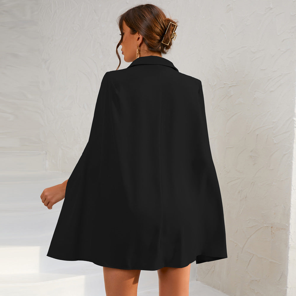 Cape-Sleeve Double-Breasted Mini Blazer Dress with Gold Buttons and Belt — model wearing
