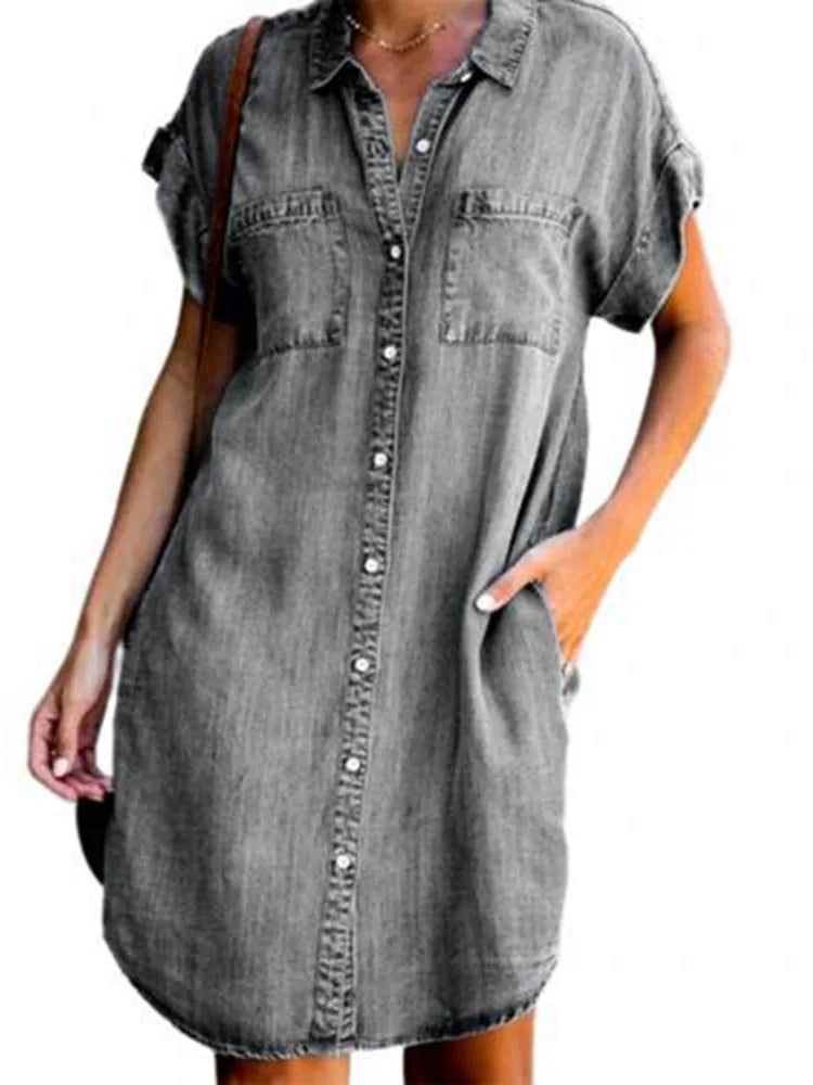 Casual Denim Shirt Dress – Relaxed Fit with Practical Pockets for Everyday Wear — alternative angle