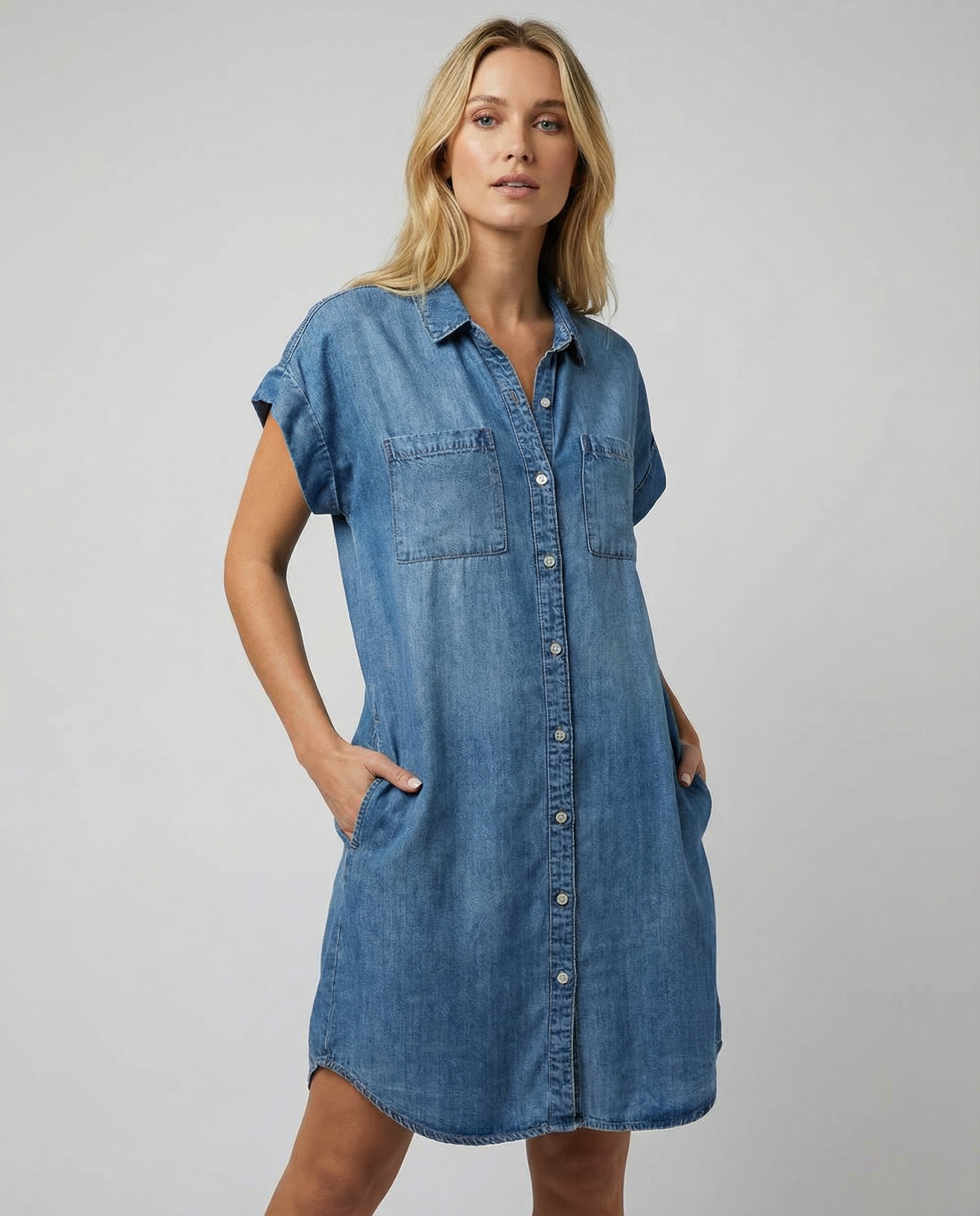 Casual Denim Shirt Dress – Relaxed Fit with Practical Pockets for Everyday Wear