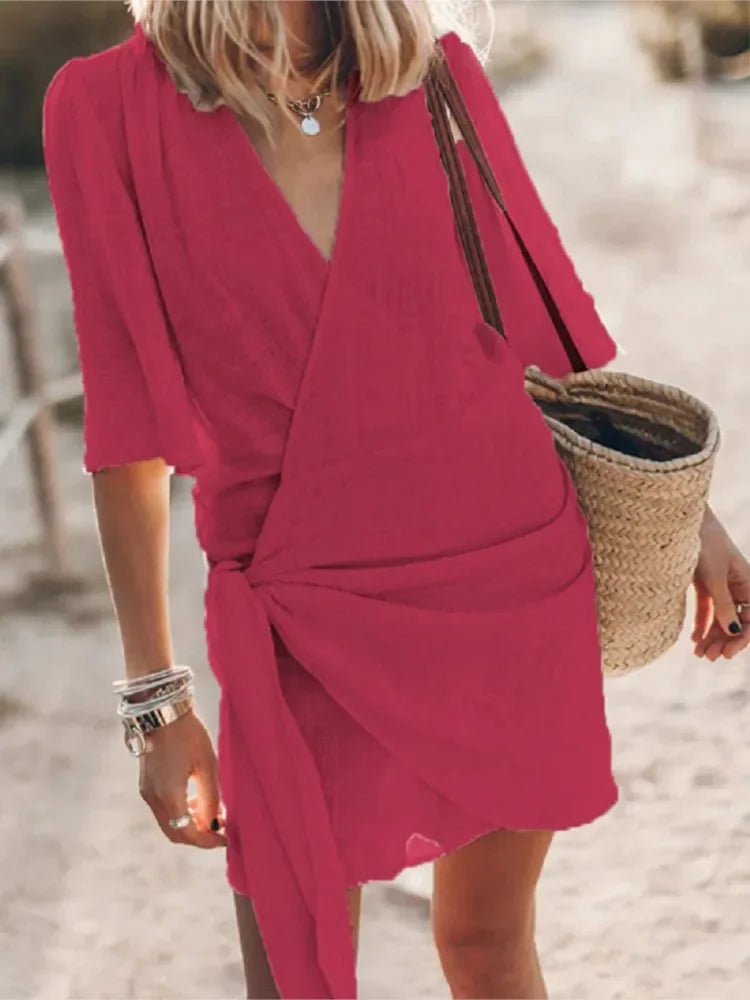 Casual Dress – Elegant V-Neck Lace-Up Summer Outfit — alternative angle