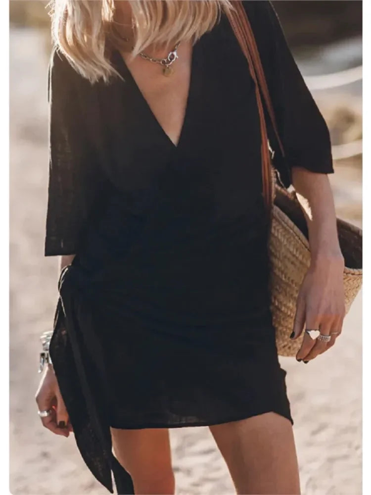 Casual Dress – Elegant V-Neck Lace-Up Summer Outfit — close-up