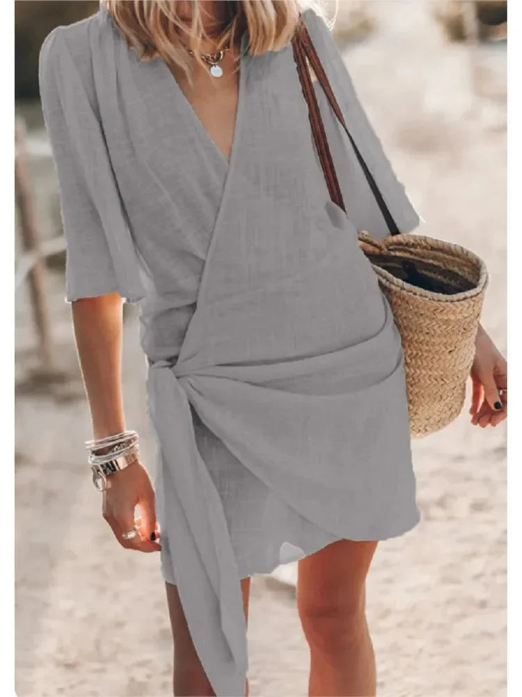 Casual Dress – Elegant V-Neck Lace-Up Summer Outfit — fabric detail