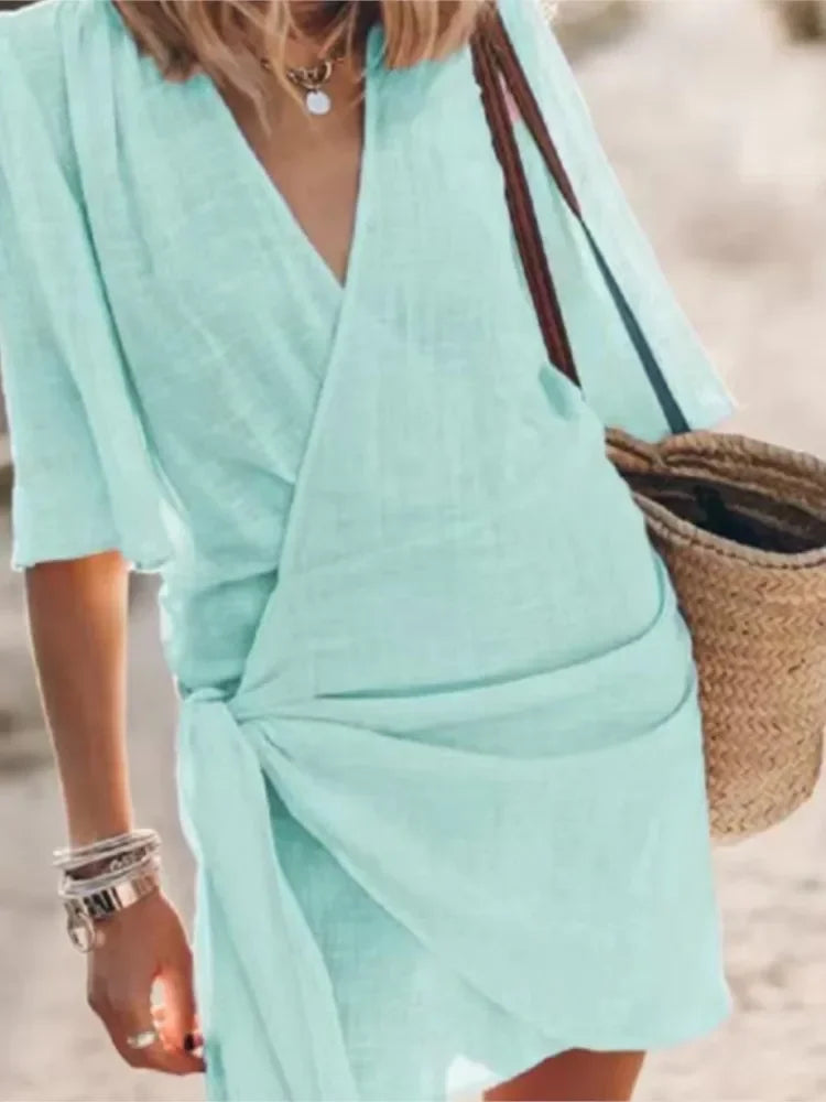 Casual Dress – Elegant V-Neck Lace-Up Summer Outfit — model wearing