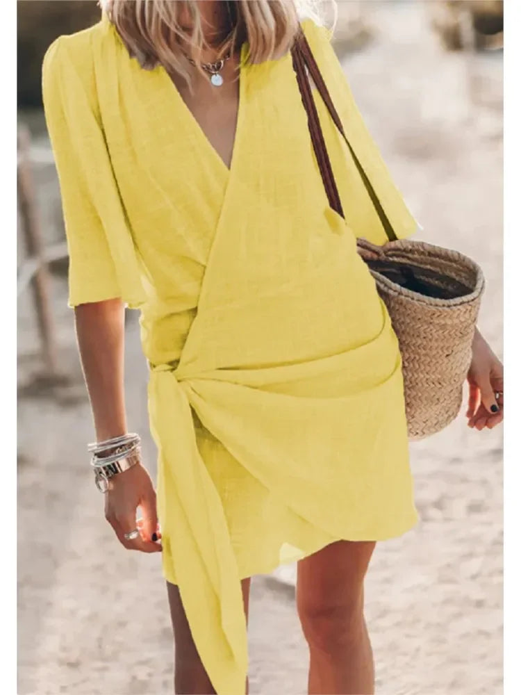 Casual Dress – Elegant V-Neck Lace-Up Summer Outfit — styling detail