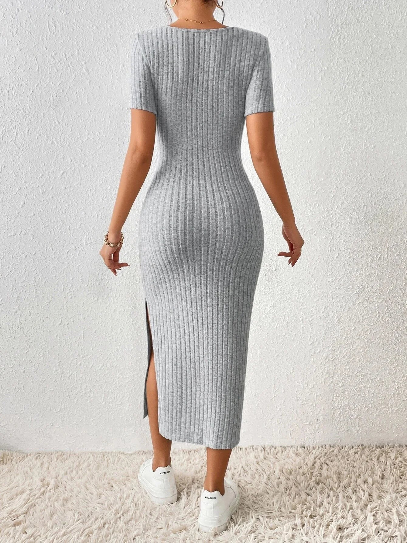 Casual Knitted Dress – Short Sleeve Square Collar with Elegant Side Slit — back view