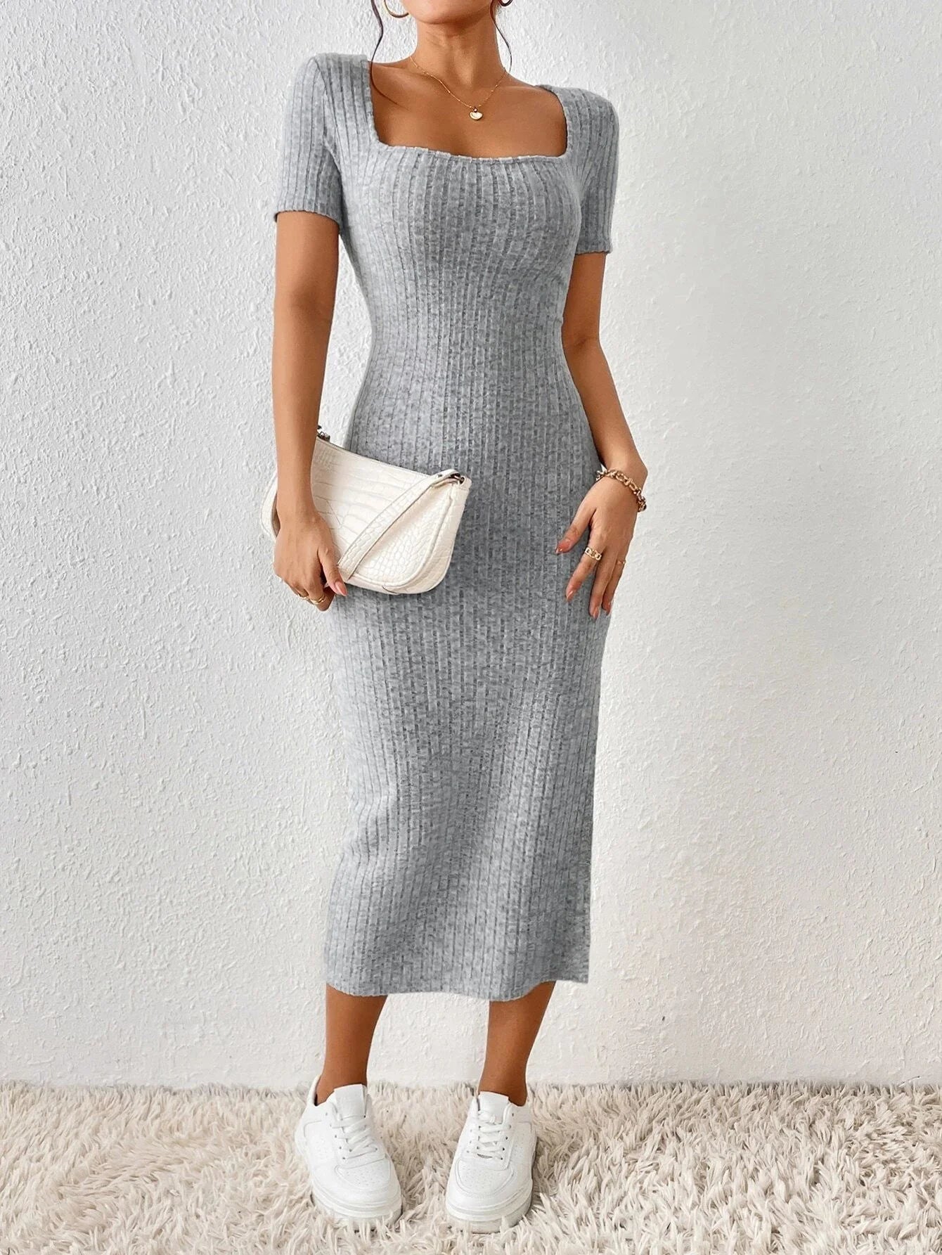 Casual Knitted Dress – Short Sleeve Square Collar with Elegant Side Slit — side view