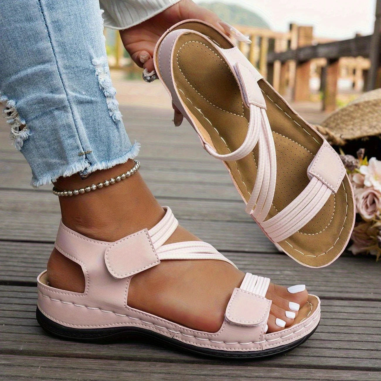 Casual Wedge Sandals for Women – Comfortable Open-Toe Design for Beach Outings — close-up