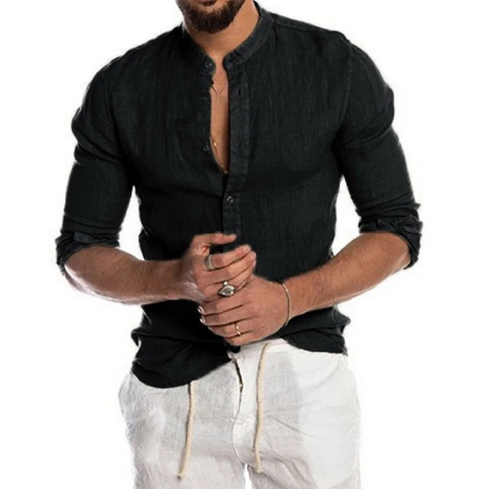 Cedar Men's Linen Shirt – Lightweight Stand-Up Collar for Summer Comfort — close-up