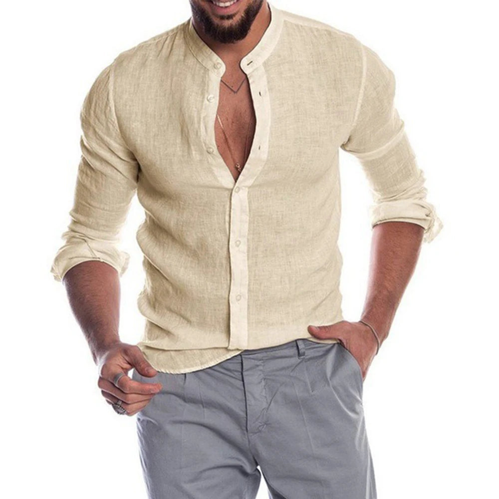 Cedar Men's Linen Shirt – Lightweight Stand-Up Collar for Summer Comfort — detail view