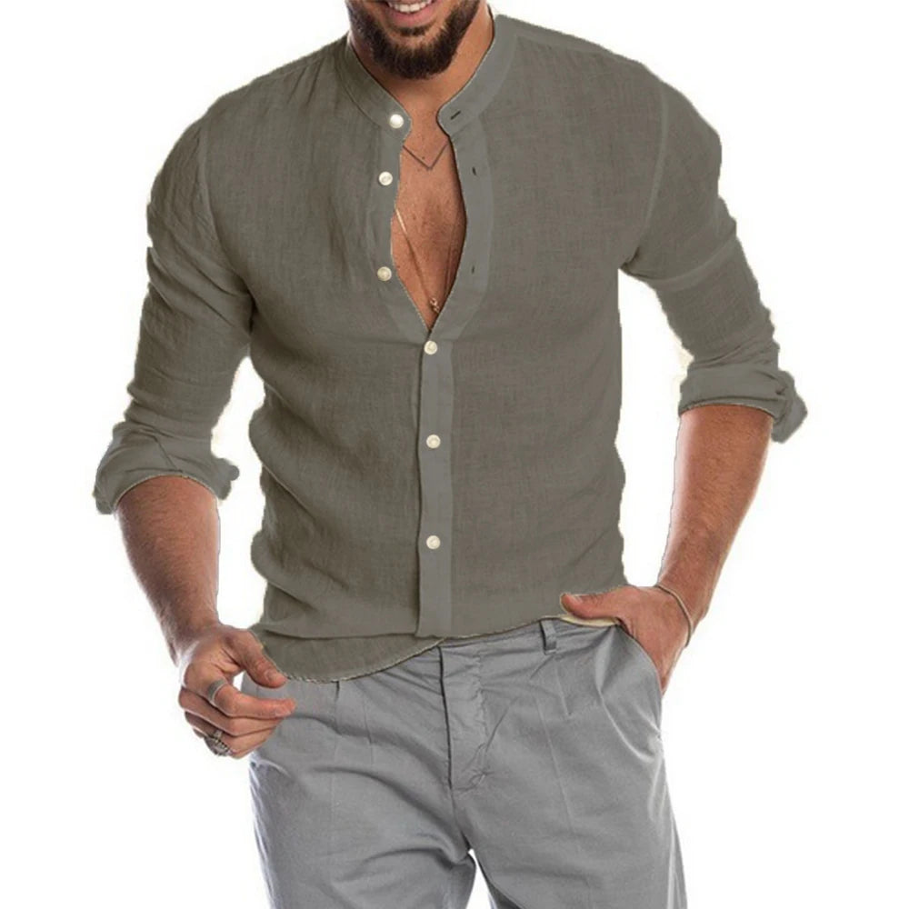 Cedar Men's Linen Shirt – Lightweight Stand-Up Collar for Summer Comfort — model wearing
