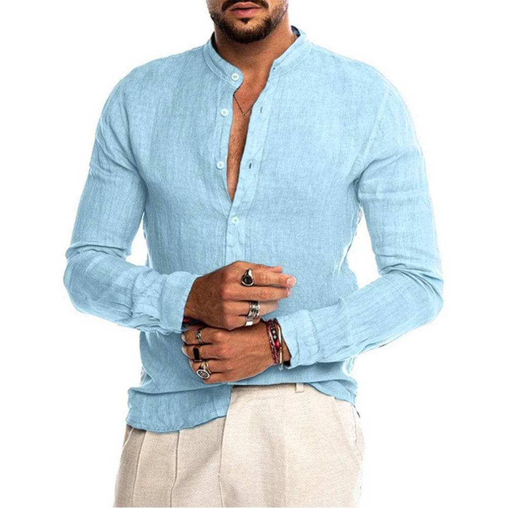 Cedar Men's Linen Shirt – Lightweight Stand-Up Collar for Summer Comfort — side view