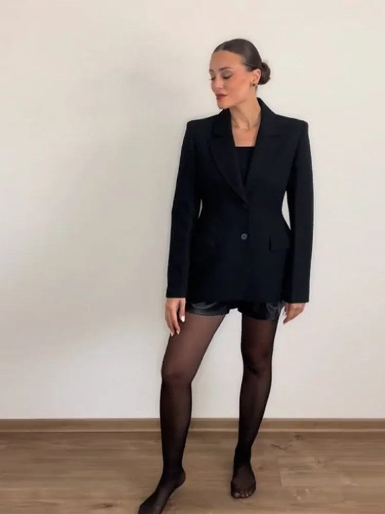 Chic Blazer Jacket – Elegant Notched Collar for All-Season Versatility — fabric detail