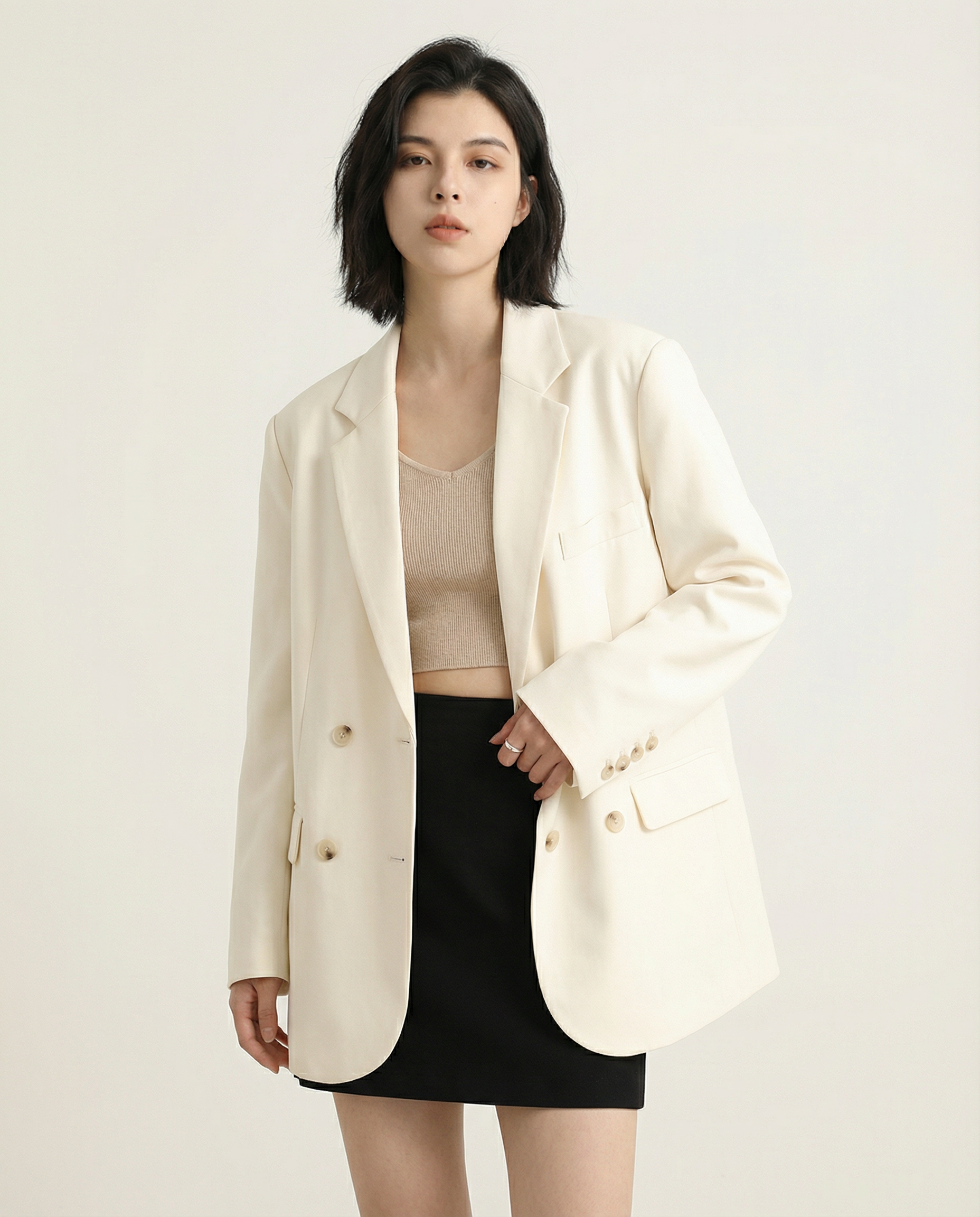 Chic Blazer – Sophisticated Solid Long Sleeve Office Coat — detail view